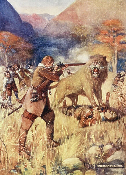 A large Lion sprang upon one of the Men (colour litho)