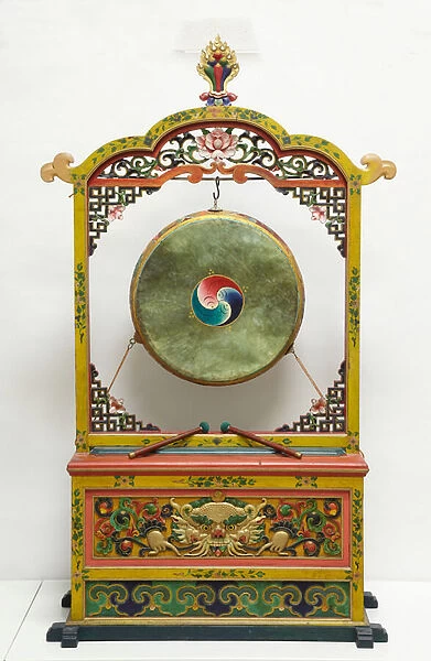 Large temple drum with original stand and drumsticks, late 19th century (softwood, iron rings, pigments, and leather)