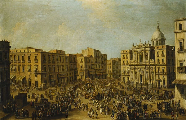 The Largo San Ferdinando, Naples, at Carnival Time with the Royal Carriage Approaching