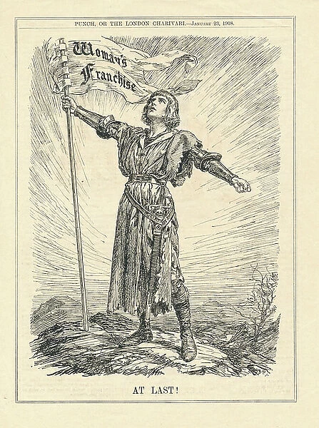 At Last, illustration of female warrior celebrating Woman's Franchise, Punch, January 23, 1918 (print)