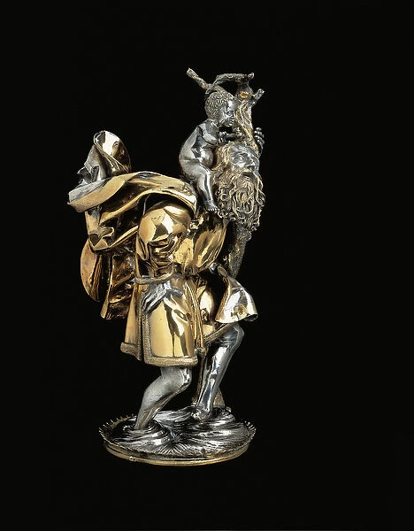 Late gothic statuette of Saint Christopher, supporting the Christ child on his right