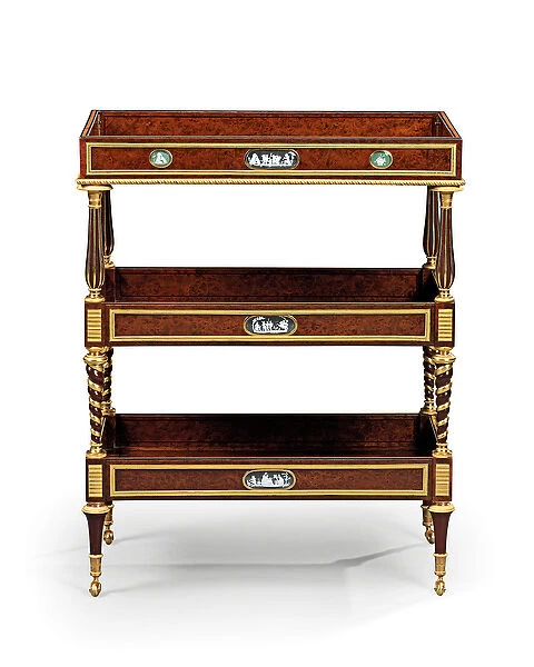 Late Louis XVI ormolu and cameo-mounted burr yew wood and mahogany table travailleuse