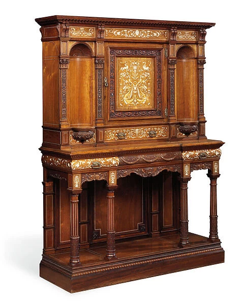 A Late Victorian ivory-inlaid, rosewood, and marquetry cabinet-on-stand by Gillow & Co. Lancaster, possibly designed by Stephen Webb, c. 1900 (rosewood)