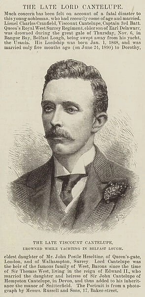 The late Viscount Cantelupe, drowned while yachting in Belfast Lough (engraving)