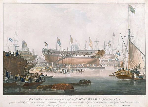 Launch of the Edinburgh at Blackwall, November 9, 1825, painted by Huggins (engraving)