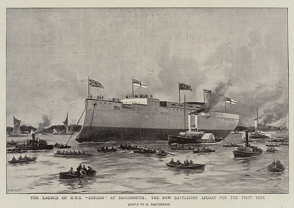 The Launch of H Ms 'London'at Portsmouth, the New Battleship Afloat for the First Time (litho)
