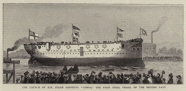 The Launch of HM Steam Corvette 'Comus', the First Steel Vessel of the British Navy (engraving)