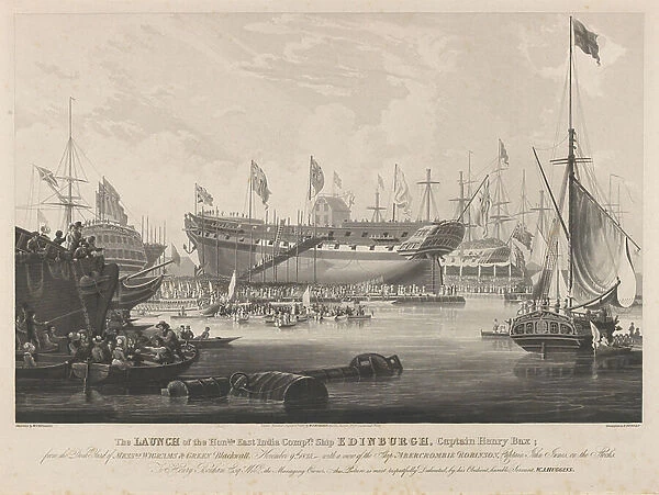 The Launch of the Honourable East India Company's Ship Edinburgh from the dock yard of Messrs Wigrams & Green Blackwall with a view of the ship Abercrombie Robinson on the stocks, 1827 (aquatint and etching)