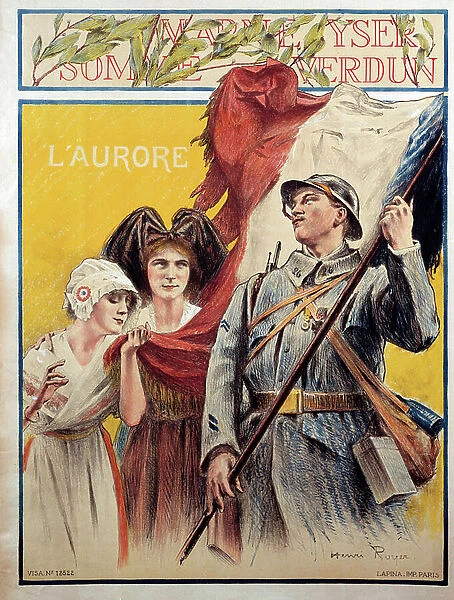 L'Aurore: propaganda poster during the First World War with two women representing Alsace and Lorraine (Alsace-Lorraine), 1914