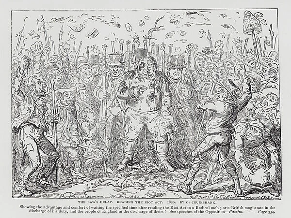 The Laws Delay. Reading the Riot Act, satire on Radicalism in British politics, 1820 (engraving)