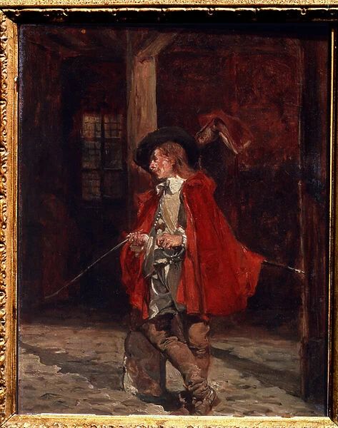 'Le bretteur en cape rouge'(Bretteur in a red cloak) representation d un mousquetaire, amateur de duels a l epee, appuye avec nonchalance contre un poteau