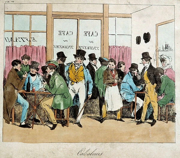 Le cafe du theatre: les cabaleurs. Lithography of the 19th century