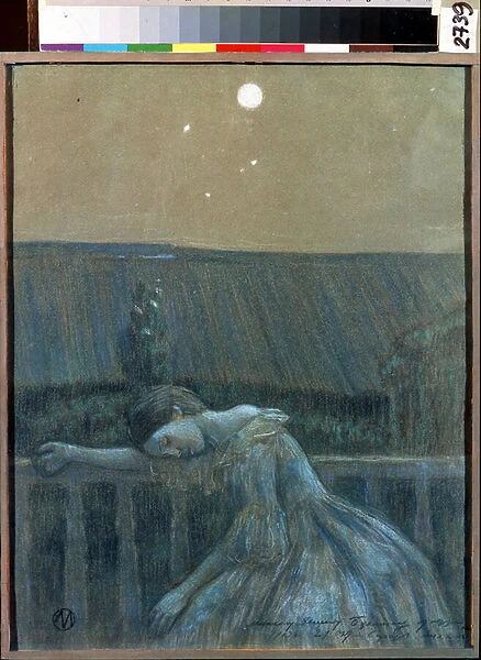 'Le chagrin'(Sorrow) Une jeune fille desesperee appuyee contre une balustrade. Aquarelle et pastel de Viktor (Victor) Elpidiforovich Borisov-Musatov (Borisov Musatov) (1870-1905) (symbolisme)