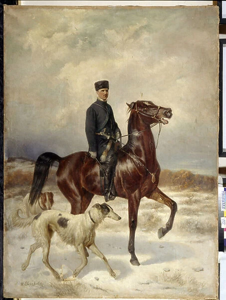 Le chasseur (The Hunter). A cheval et accompagne de ses chiens Barzoi (levrier russe). Peinture de Nikolai Yegorovich Sverchkov (Nicolas Swertschkoff) (1817-1898), huile sur toile. Art russe, 19e siecle, academisme