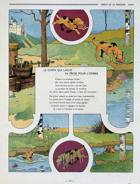 Le chien qui ache pour l ombre - in 'Les fables de La Fontaine'by Benjamin Rabier (1864-1939)