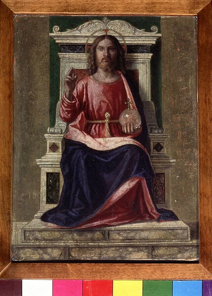 'Le Christ sur le trone'Son aureole est marquee d une croix, il tient dans la main gauche un globe surmonte d une croix et fait un signe de benediction de la main droite