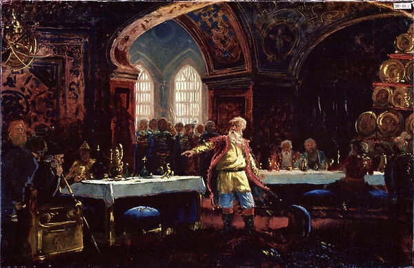 Le comte Michel Repnine (?) au festin de Ivan le Terrible (1530-1584). (Count Mikhail Repnin At Ivan The Terrible Feast). Repnine, debout au centre des tables dressees denonce la politique du tsar