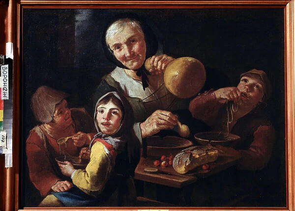 'Le dejeuner des paysans'(The Peasants Meal) Une vieille paysanne et trois enfants dejeunant de soupe, cerises et pain. Peinture de Giacomo Francesco Cipper (1664-1736)