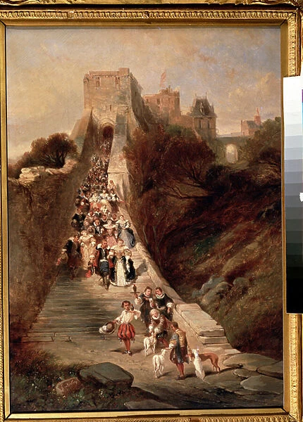'Le depart du chateau'(Leaving the castle) Un groupe de gentilhommes et dames du 17eme siecle descendant le grand escalier d entree d un chateau