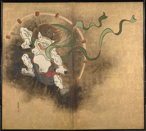 Le dieu de la tempete (The Thunder God) Partie gauche d un paravent a deux panneaux - Oeuvre de Ogata Korin (1658-1716), aquarelle et encre sur papier, debut 18e siecle, art japonais, mythologie orientale - Tokyo National Museum, Japon