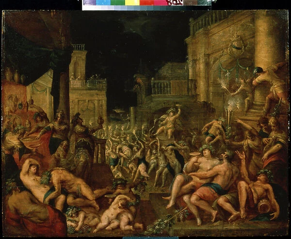 Le festin de Midas en l honneur de Bacchus et de Silene (Midas feast in honour of Bacchus and Silenus). Peinture de Gillis van Valckenborch (1570-1622). Huile sur bois, Dim : 61, 6 x 78, 7cm. Art flamand style baroque