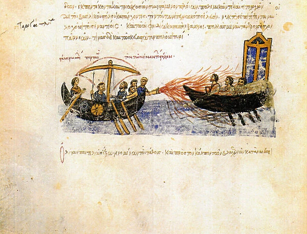'Le feu gregeois'(Greek fire) La flotte byzantine utilise le feu gregeois contre une armee rebelle - Miniature tiree de 'Synopsis historiarum'ou 'Chroniques byzantines'