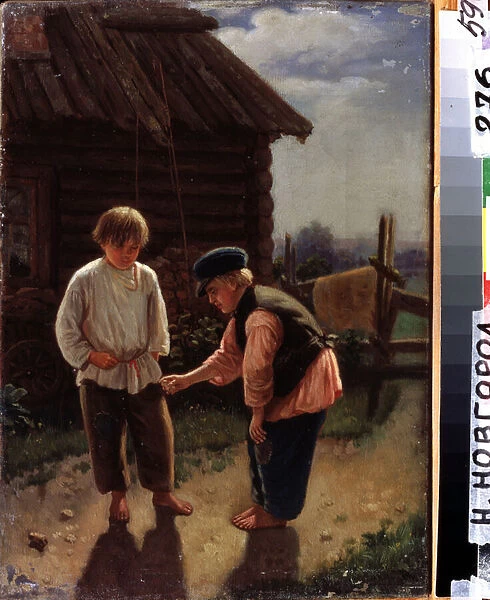 Le jeu des osselets (Play Knucklebones). Deux enfants aux pieds nus, jouent dans la cour devant une maison de bois a la campagne. Peinture de Alexei Ivanovich Korzukhin (1835-1894), huile sur toile. Art russe 19e siecle
