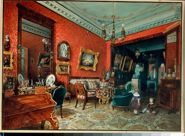 'Le living room'(Salle de sejour) Deux enfants jouant dans le salon - Aquarelle de Luigi Premazzi (1814-1891), vers 1840 Collection privee