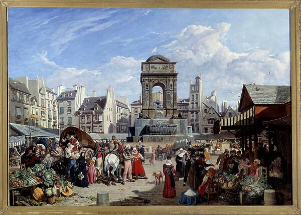Le marche et la Fontaine des Innocents in Paris Painting by John James Chalon (1778-1854