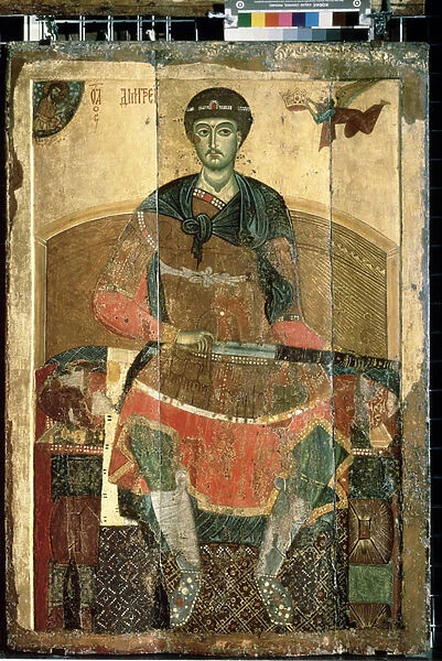 'Le martyr chretien Saint Demetrios de Thessalonique en trone'Icone russe. Peinture sur bois du debut du 13eme siecle State Tretyakov Gallery, Moscou