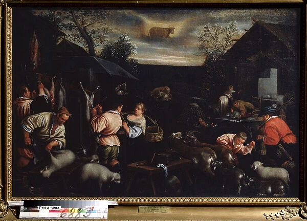 'Le mois d avril'(April) la tonte des moutons. Symbole du signe du taureau dans le ciel. Peinture de Leandro Bassano da Ponte (1557-1622) 1595-1600 Dim. 144x190 cm State Art Museum Toula Russie