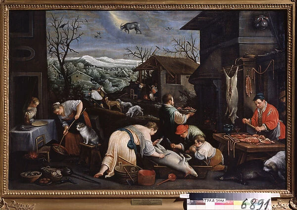 'Le mois de decembre'(December) Les cochons sont abattus. Symbole du signe du capricorne dans le ciel. Peinture de Leandro Bassano da Ponte (1557-1622) 1595-1600 State Art Museum Toula Russie