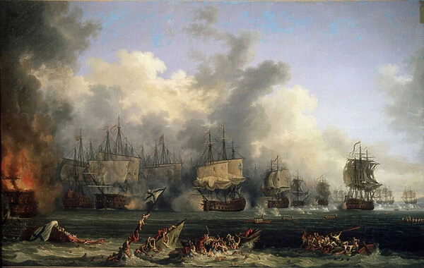 'Le naufrage des navires turcs lors de la bataille de Tchesme le 05  /  07  /  1770'(The naval Battle of Chesma on 5 July 1770) Elle opposa les flottes de la Russie de Catherine II et de l