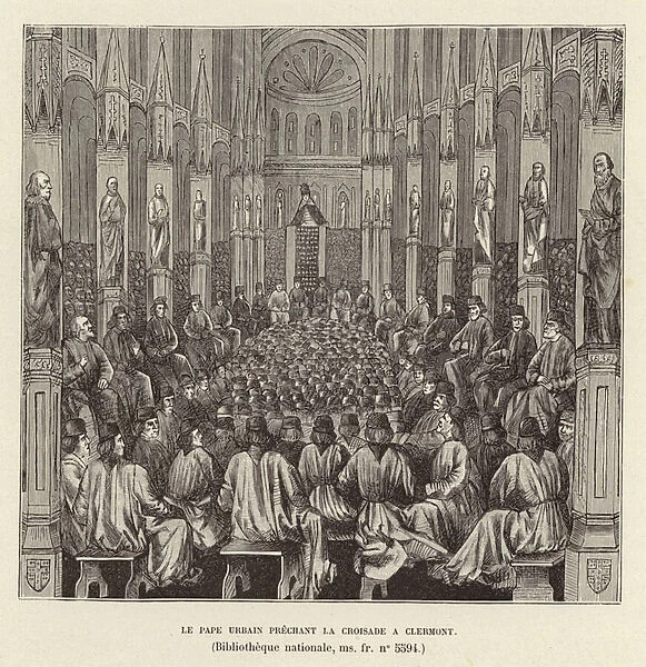 Le Pape Urbain prechant la Croisade a Clermont. Pope Urban II preaching the First Crusade, Clermont, France, 1095 (engraving)