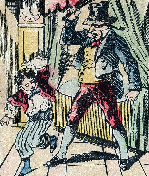 Le Pere Fouettard legendary character of folklore, punishing unwise children with his whip, and enclosing desobedient children, image of Epinal, 19th century (engraving)