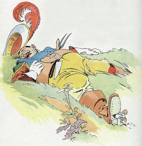 Le petit poucet steals les les boots de sept leagues de l'ogre Illustration by Jean Geoffroy (1853-1924) for ' Le petit poucet' tale by Charles Perrault (1628-1703)