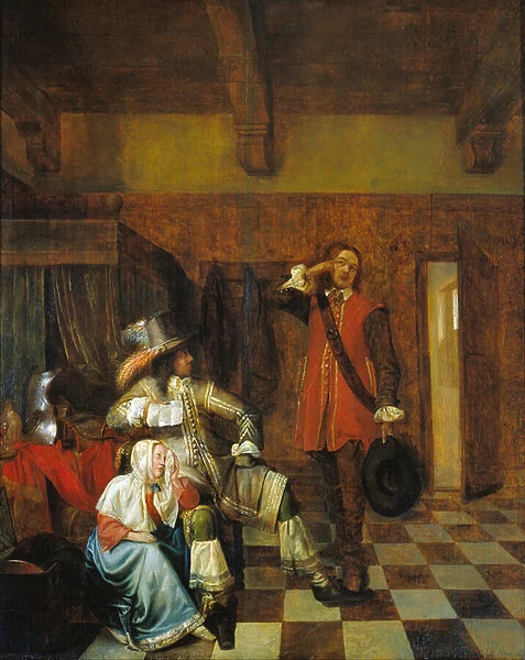 Le porteur de mauvaises nouvelles - The bearer of bad news - Hooch, Pieter, de (1629-1684) - c. 1655 - Oil on wood - 67, 8x56 cm - Museu Nacional d Art de Catalunya, Barcelona