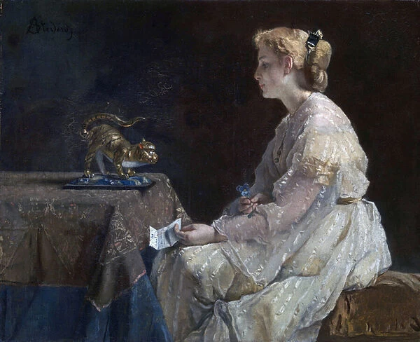 'Le present'Une jeune femme decouvrant une statuette de chat - Peinture d Alfred Stevens (1823-1906) vers 1870 Londres National gallery