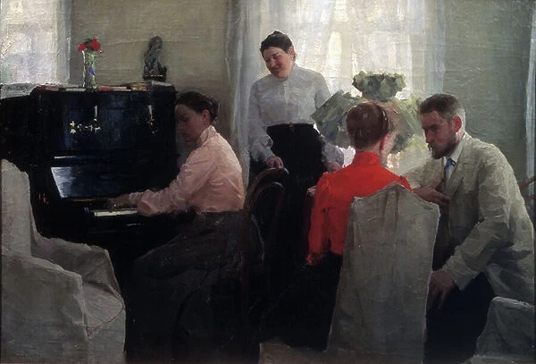 Le pretendant (un jeune homme fait sa cour sous la surveillance de deux femmes chaperons, dont une joue du piano) (Groom ) - Peinture de Lukian Vasilyevich Popov (1873-1914), huile sur toile (54x80 cm), 1904 - Regional Art Museum, Orenburg (Russia)