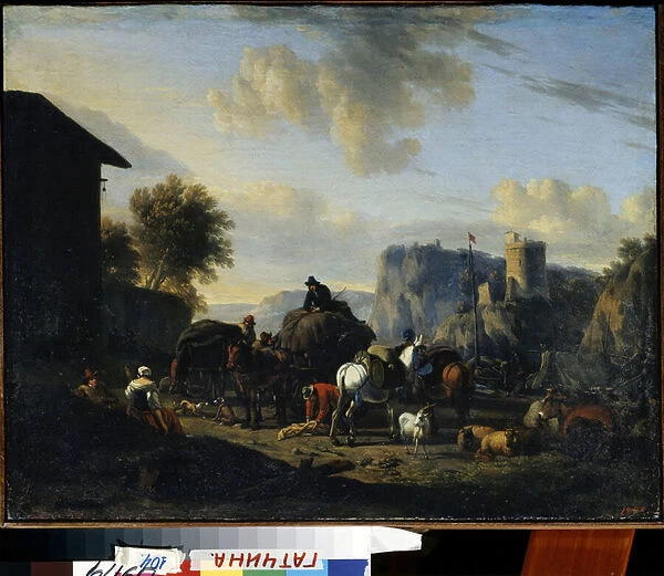 'Le repos de la caravane'(The rest of the convoy) Un groupe de bergers en voyages arretant sur la route. Peinture de Nicolaes (Claes) Pietersz Berchem l