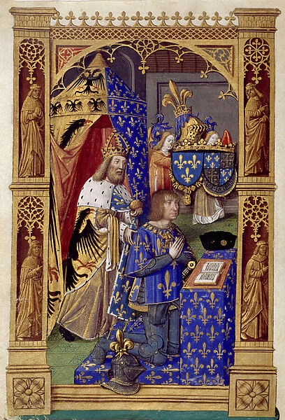 Le roi de France Louis XII (1462-1515) en priere avec Charlemagne derriere lui - Miniature de Antoine Verard (1485-1512) In 'Le livre d heures de Charles VIII', 1494-1496 Biblioteca Nacional, Madrid
