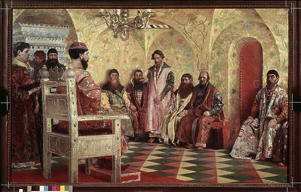 Le tsar Michel I Feodorovitch de Russie (Mikhail Feodorovich Romanov, 1596-1645) lors de l entrevue avec des Boyards (boiards, boiars) de la Douma (parlement)