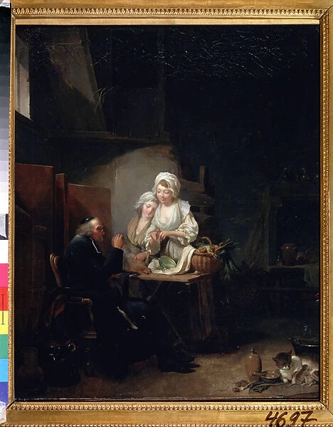 'Le vieux vicaire'(an old curate) Deux femmes assistent un vieux cure dans la cuisine. Peinture de Louis-Leopold (Louis Leopold) Boilly (1761-1845) 1785-1800 Musee Pouchkine, Moscou