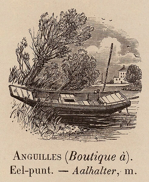 Le Vocabulaire Illustre: Anguilles (Boutique a); Eel-punt; Aalhalter (engraving)
