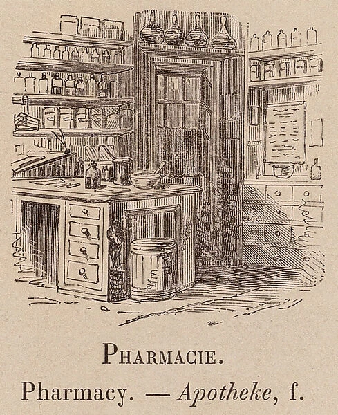 Le Vocabulaire Illustre: Pharmacie; Pharmacy; Apotheke (engraving)