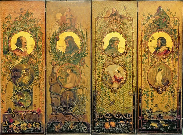 A four leaf screen with portraits of Shakespeare, Milton