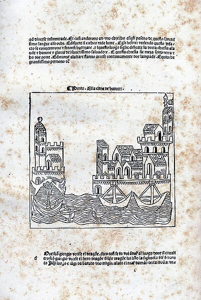 Lebanon: view of the city of Beirut. Engraving taken from 'Peregrinatio' by Bernhard von Breydenbach. 1480