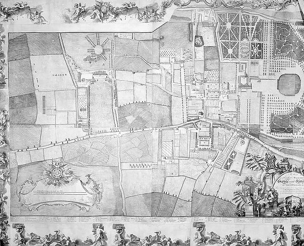 Detail (left side) of the plan of Kensington Palace by Joshua Rhodes, 1764 (engraving)