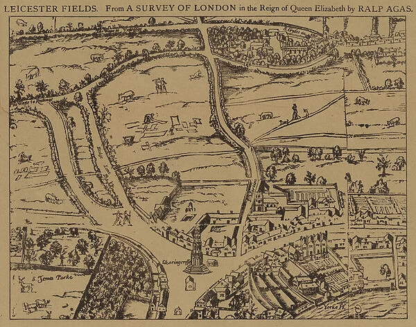 Leicester Fields, from a survey of London in the reign of Queen Elizabeth by Ralph Agas (engraving)