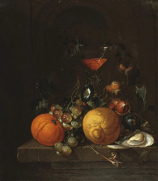 A Lemon, an Orange, Grapes, an Oyster, and a Glass of Wine on a Ledge (oil on canvas)